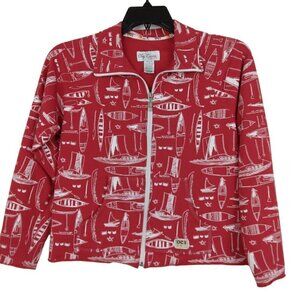 Oleg Cassini Sport | Red Boat Print Front Zip Cotton Knit Jacket | Size S